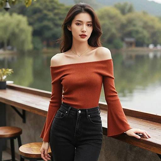 Young Asian woman with long dark hair, wearing off-shoulder rust-colored top and black high-waisted jeans, stands by a wooden railing by