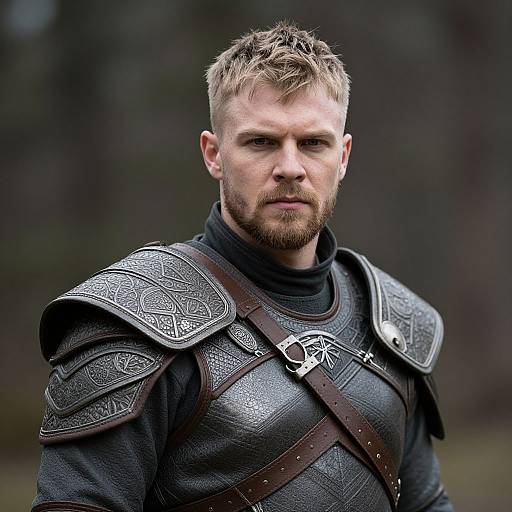 Photograph of a serious, blonde, bearded man in detailed, medieval-style black leather armor with intricate silver patterns, standing outdoors.