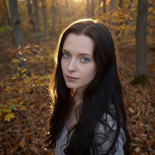 Photograph of a pale-skinned woman with long, dark brown hair and blue eyes, standing in a sunlit autumn forest, surrounded by fallen leaves