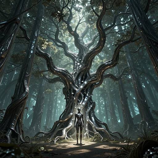Digital artwork of a person standing at the base of a massive, twisted tree in a dark, mystical forest. Sunlight filters through leaves, casting eth