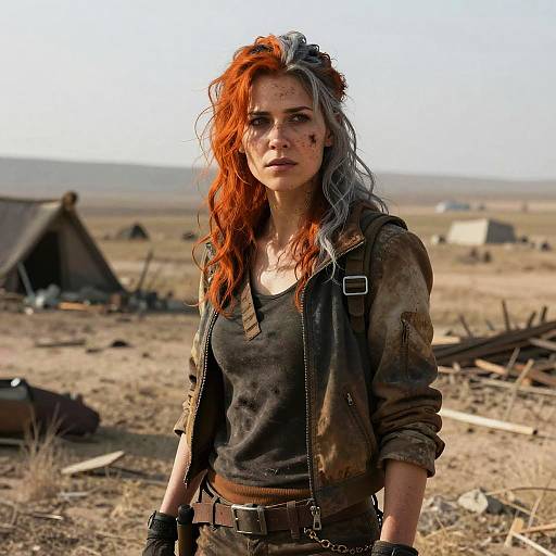 Photograph of a rugged, red-and-gray-haired woman with dirt on her face, wearing a dirty jacket and black shirt, standing in a desert camp