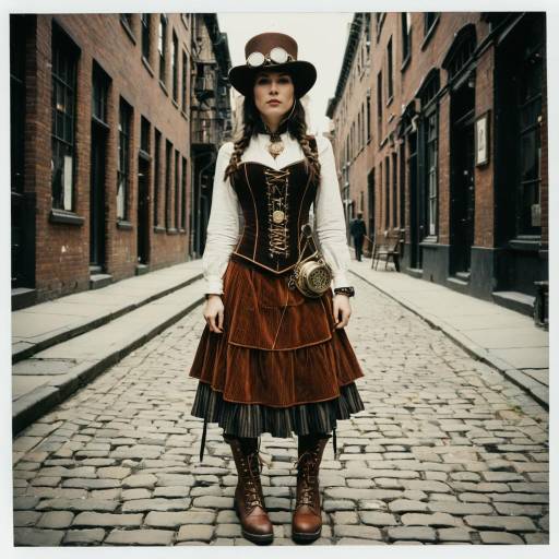 Willowy Woman in Steampunk Victorian Outfit on Cobbled Street