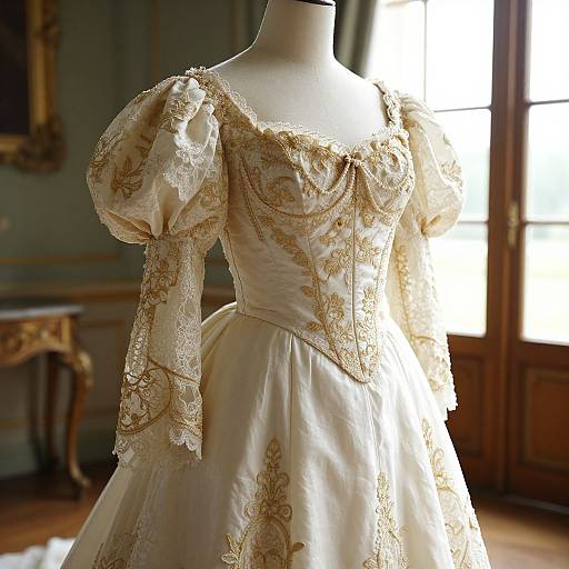 Photograph of an ornate, cream-colored Victorian dress with gold embroidery, puffed sleeves, and lace details, displayed on a mannequin in