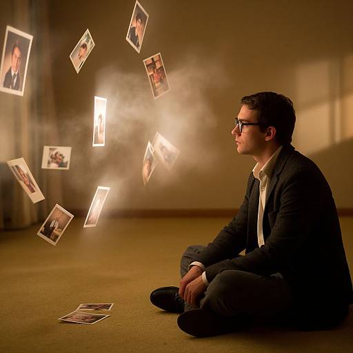 Photograph of a man in a black blazer and glasses, sitting on a carpeted floor, gazing at floating, glowing, mist-covered photos