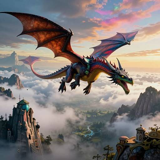 Digital fantasy artwork of a large, red and blue dragon soaring above a misty mountainous landscape with medieval-style castles at sunset.