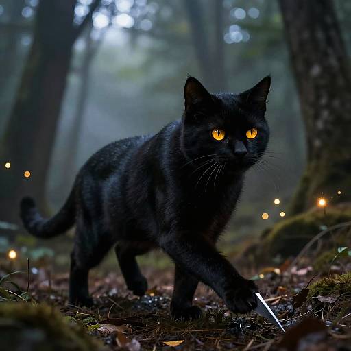 Photograph of a black cat with glowing yellow eyes walking through a misty forest, surrounded by soft, twinkling fairy lights.