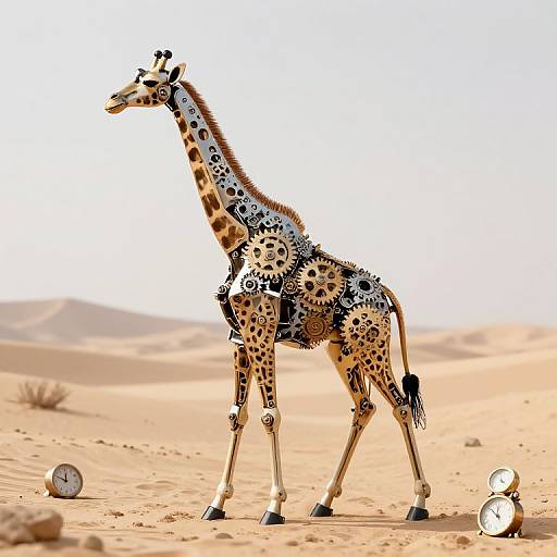 Photograph of a giraffe with robot-like, black-spotted, segmented body standing in a sandy desert, surrounded by three circular devices.