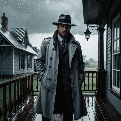 Man in Trench Coat and Fedora on Porch in Rainstorm