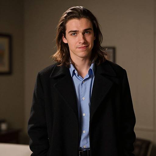 Photograph of a white man with long brown hair, wearing a black blazer and blue shirt, standing in a dimly lit room.