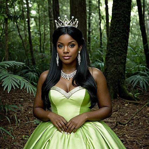 Dark-skinned princess in green gown and crown in forest