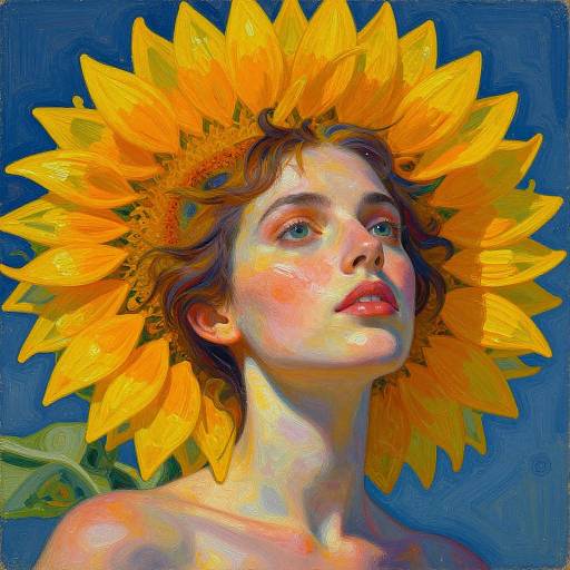 Digital painting of a fair-skinned woman with curly brown hair, wearing a large, vibrant yellow sunflower as a headpiece, against a deep blue
