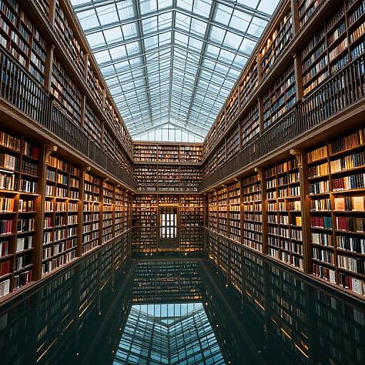Photograph of a grand, glass-roofed library with towering bookshelves filled with colorful books, reflecting in a dark, glossy floor.