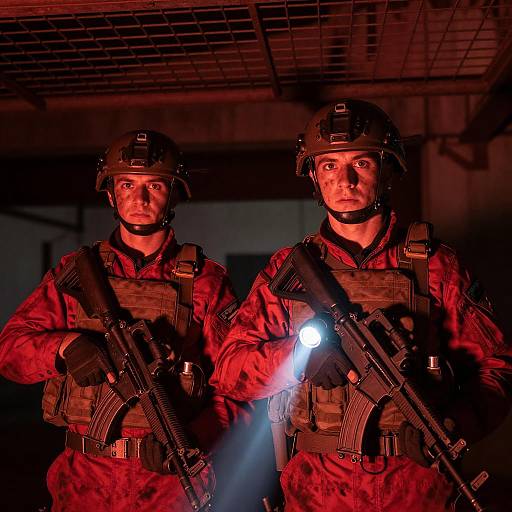 Intense Soldiers in Dim Red Industrial Scene