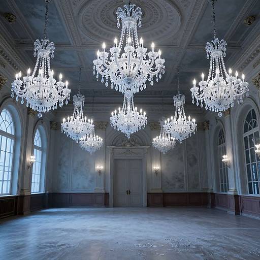 Photograph of a grand, empty ballroom with five large, sparkling crystal chandeliers hanging from an ornate, patterned ceiling. Arched
