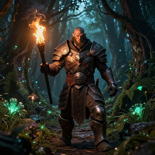 Muscular bald man in dark, ornate armor holds flaming torch in mystical forest with glowing plants and ethereal blue light.