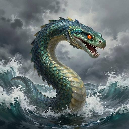 Fierce Sea Serpent Emerging from Stormy Ocean