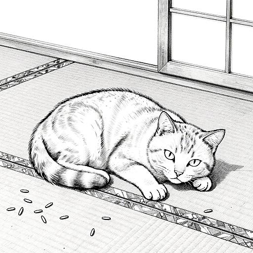 Cat on Tatami Mat Line Art