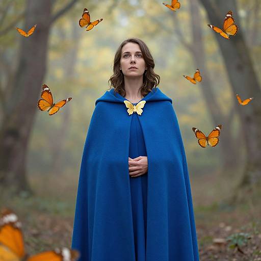 Serene Woman with Blue Cloak and Butterflies