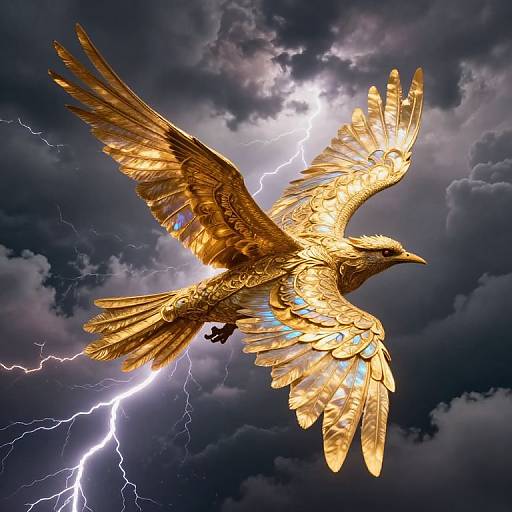 Golden eagle with radiant, intricately detailed feathers soars amidst a dramatic stormy sky, lightning bolts illuminating the dark clouds. Photorealistic digital