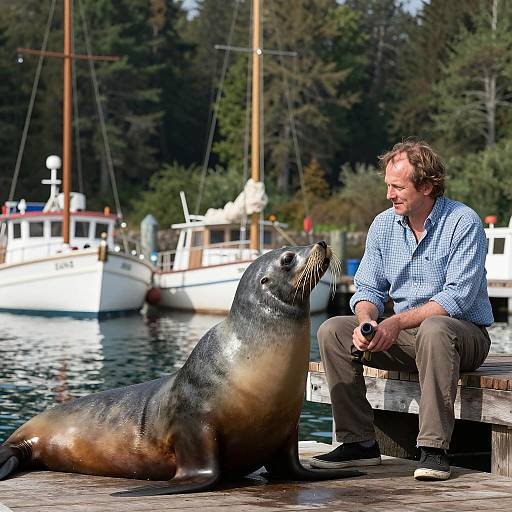 Man on dock with sea lion by boats