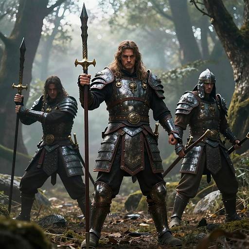 Warrior with Massive Deltoids in Misty Forest