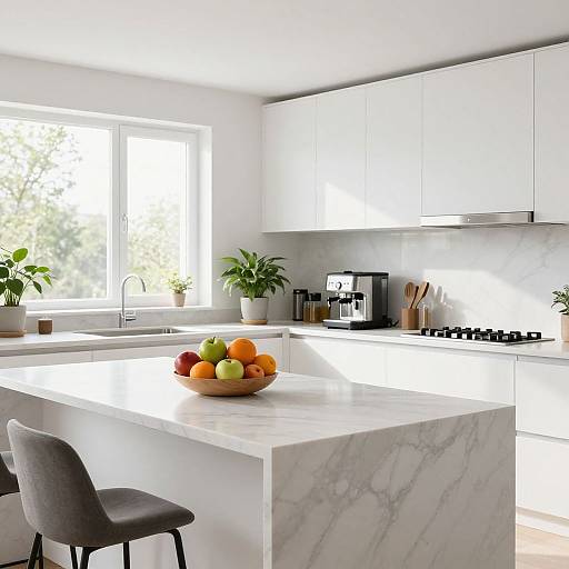 Bright modern kitchen with white cabinets, marble island, fresh fruit bowl, potted plants, gray chairs, natural light from large window.