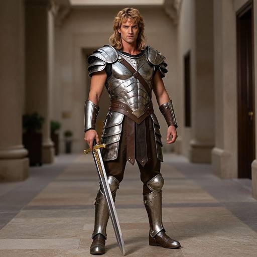 Photorealistic CGI of a muscular, blond man in shiny, medieval-style silver armor, holding a sword, standing in a stone corridor.