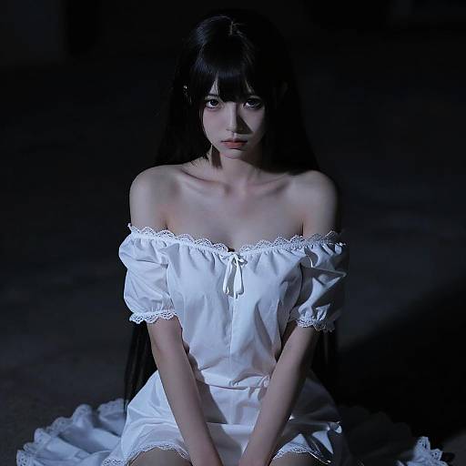 Photograph of a pale, young Asian woman with long black hair, wearing a white off-shoulder lace dress, seated in dark shadows, with