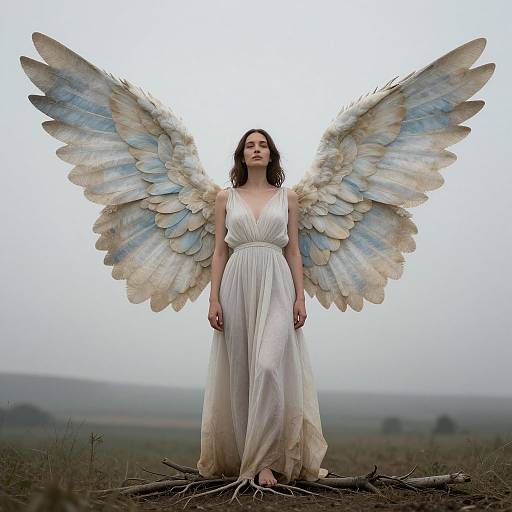 Photograph of a woman with large, feathered blue-and-white wings, wearing a flowing white dress, standing on a pile of branches in a mist