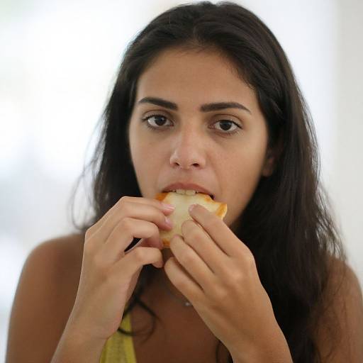 Photograph of a young woman with long black hair, dark eyes, and olive skin, eating a sandwich against a bright white background.