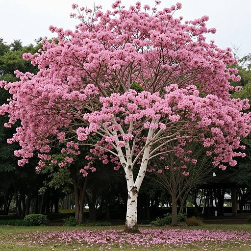 Pink Trumpet Tree and White Birch Garden