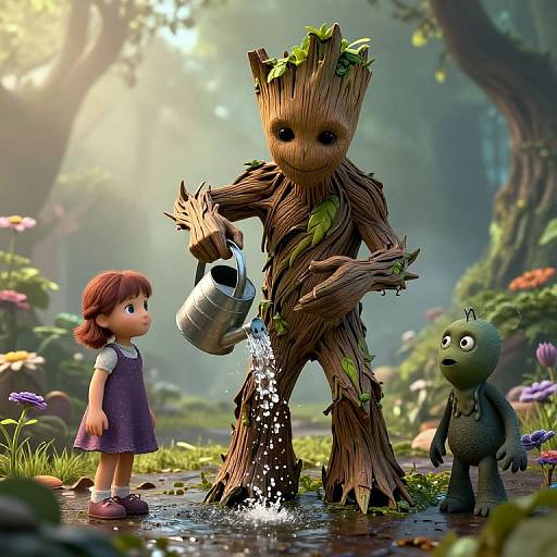 Digital art of a forest scene: A child in a purple dress watches as a tree stump character waters a small, green, slug-like creature with a