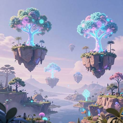 Fantasy CGI landscape with floating, glowing trees on rocky islands over a serene river, vibrant colors, and ethereal neon lights.