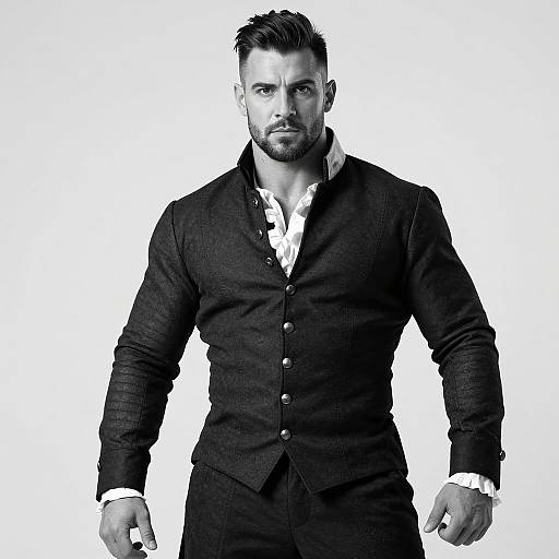 Photograph of a muscular, bearded man with short, styled hair, wearing a dark, buttoned-up suit over a white shirt, standing against