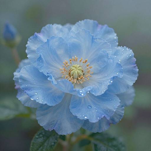 Close-up photograph of a delicate, light blue poppy flower with dew drops on its petals, centered with yellow stamens, against a softly blurred