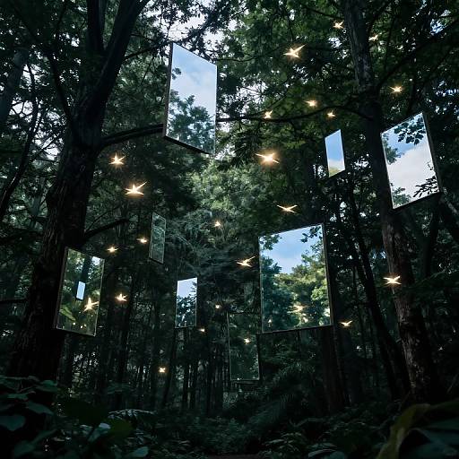 Photograph of a dark forest with tall trees, illuminated by glowing fireflies, creating a magical, ethereal atmosphere.