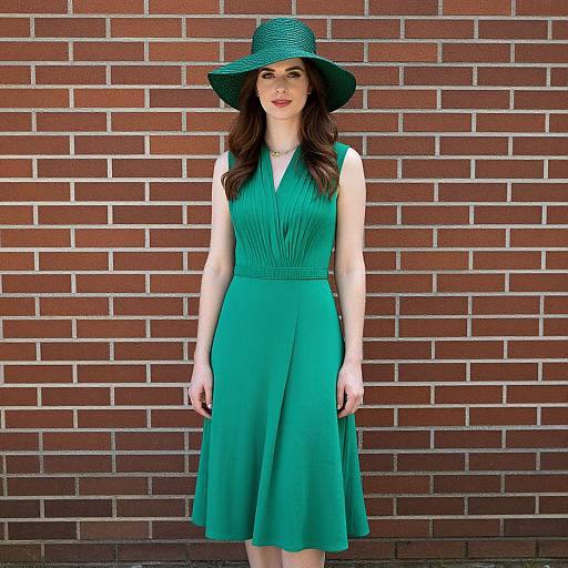 Photograph of a fair-skinned woman with long brown hair, wearing a teal, sleeveless dress, and wide-brimmed hat, standing against