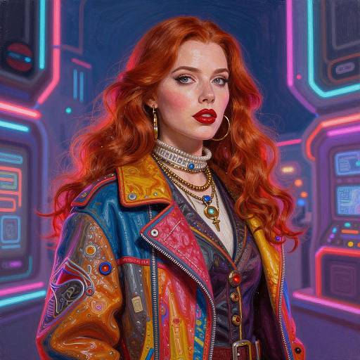 Digital art of a red-haired woman with wavy hair, wearing a colorful, patterned leather jacket, statement necklace, and bold red lipstick, in