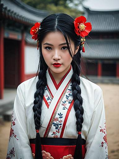 Realistic Portrait of Asian Girl in Traditional Costume