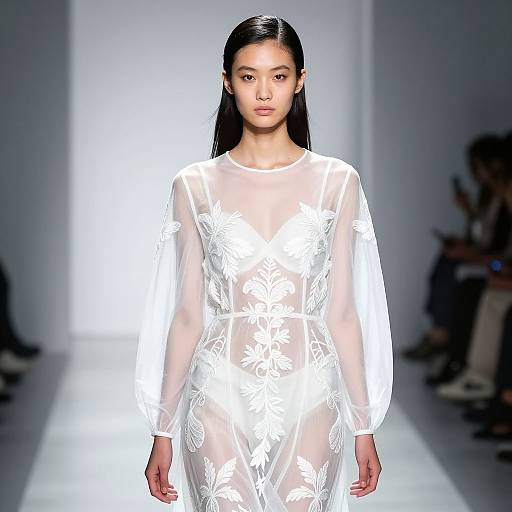 Photograph of an East Asian woman with long black hair, wearing a sheer white dress with floral lace patterns, walking on a bright runway.