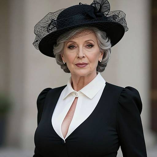 Photograph of an elegant older woman with gray hair, wearing a black hat with lace, black dress, white collar, and earrings.
