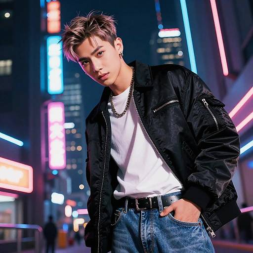 Young man in stylish streetwear under neon city lights