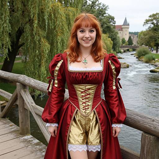 Photograph of a smiling red-haired woman in a medieval-style maroon and gold dress with lace, standing on a wooden bridge over a flowing river,