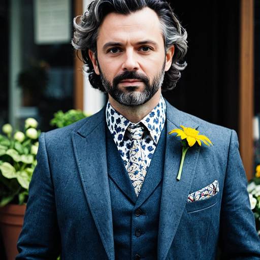 Stylish Man in Floral Patterned Suit with Yellow Flower Lapel
