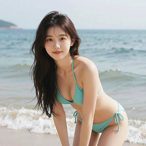 Young Woman in Blue Bikini at the Beach