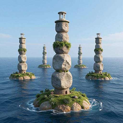 CGI image of five stone towers with greenery, topped with small structures, floating on a calm blue ocean under a clear sky.