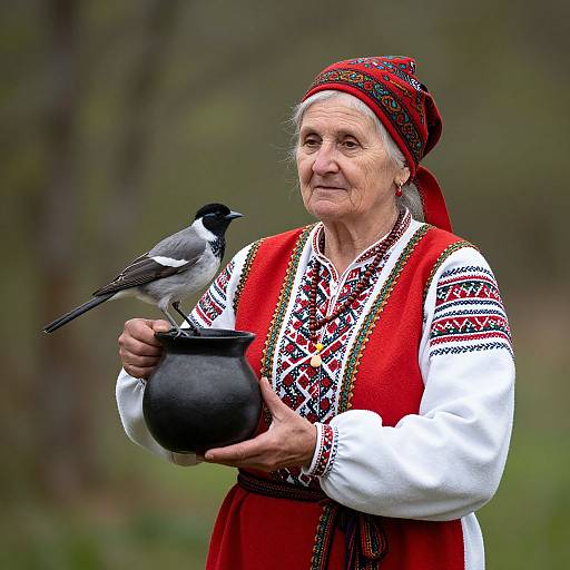 Photograph of an elderly woman in traditional Eastern European folk attire, holding a black pot with a black-and-white bird perched on it, set against