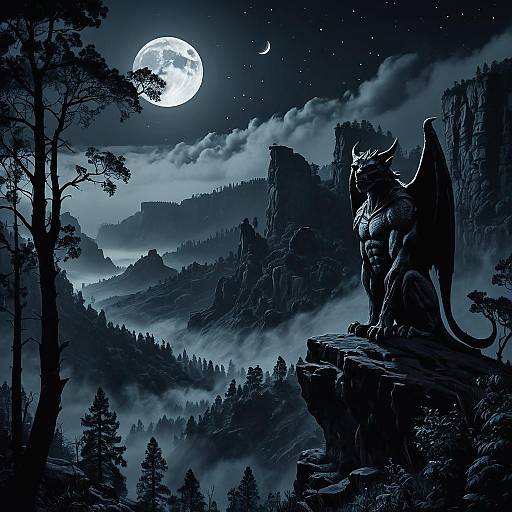 Gargoyle Overlooking Misty Canyon at Night