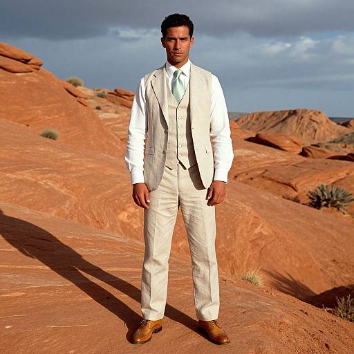 Photograph of a man in a white suit, light green tie, and brown shoes standing on red rocky desert terrain with a cloudy blue sky background.