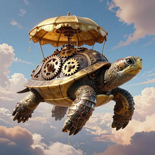 Steampunk-style flying turtle with golden umbrella and gear-covered shell, soaring against a bright blue sky with fluffy clouds. Digital artwork.